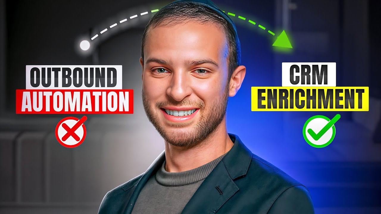 Video poster. Jacob Tuwiner between two labels: outbound automation with a red X and CRM enrichment with a green check.